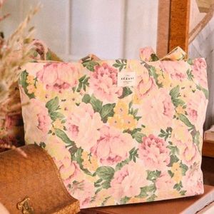 Sézane floral yellow green pink rose pattern 100% cotton shopping tote